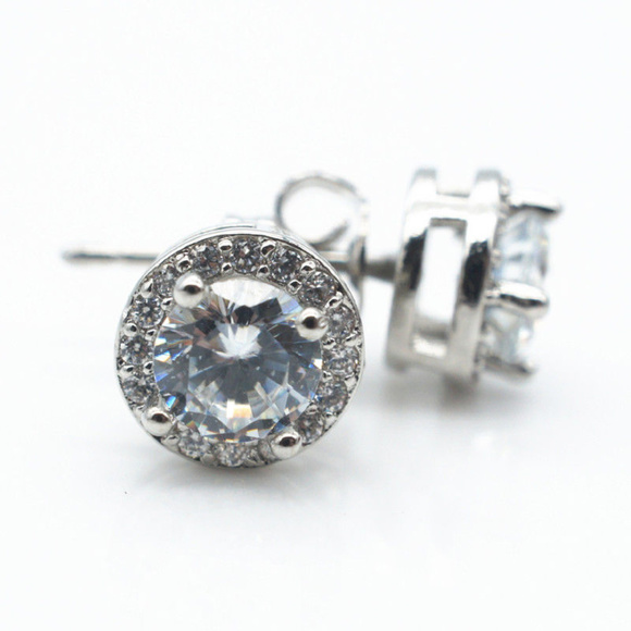 925 Silver Plated Crystal Halo Stud Earrings - Picture 2 of 8